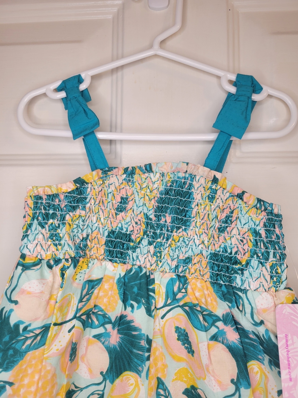 Tommy Bahama Girls Tropical Fruit Smocked Romper in Teal, Yellow & Peach - Picture 5 of 9